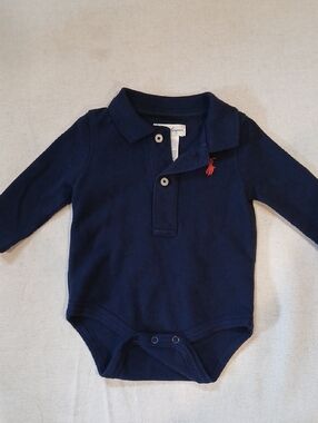 Ralph Lauren Navy Long-Sleeve Polo Bodysuit with Red Logo